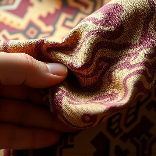 A close-up of a hand holding a luxurious fabric swatch, showcasing intricate weave patterns and rich colours.