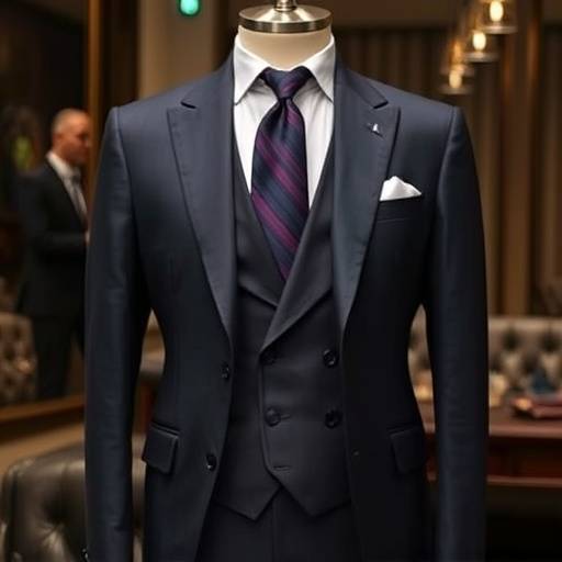 A finished bespoke suit hanging on a mannequin, showcasing impeccable tailoring and luxurious fabric details.