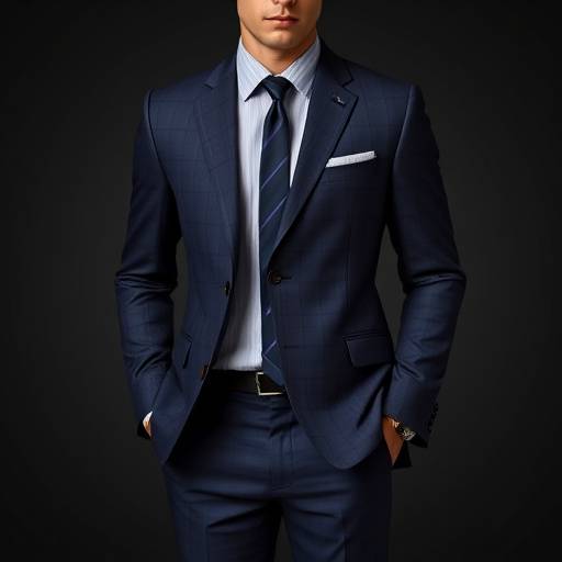 A formal navy jacket and trousers with a subtle pattern