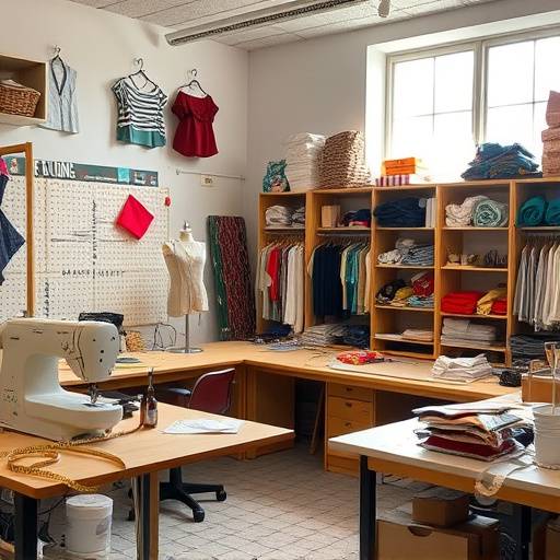 A well-lit tailoring studio with measuring tapes and fabric swatches