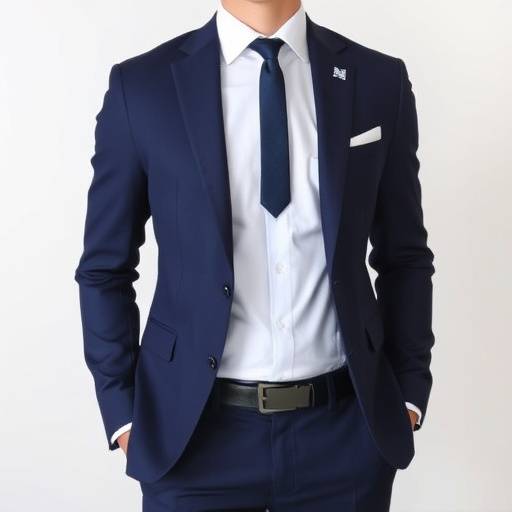 Deep navy blue two-piece business suit with a modern slim fit, showcasing a peak lapel and clean lines.