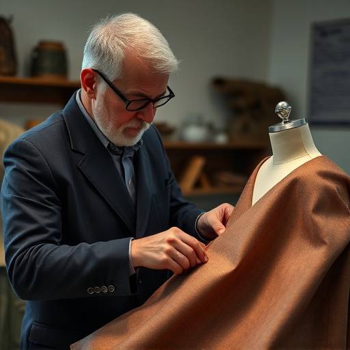Master tailor meticulously measuring fabric for a suit